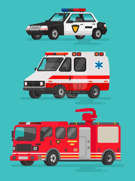 警车, 救护车和消防车矢量图素