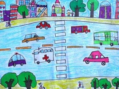 交通安全主题儿童画作品_ 过马路要小心