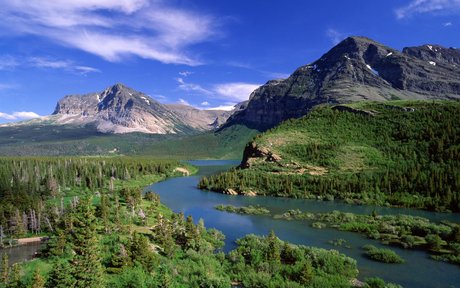 唯美风景桌面壁纸 山水山河在秋林中阳光灿烂.