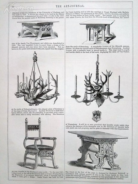 1852年木刻版画《哥特式家具》2张,页面32.5*