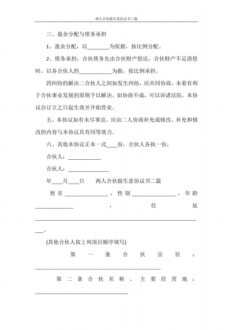 两人合伙做生意协议书