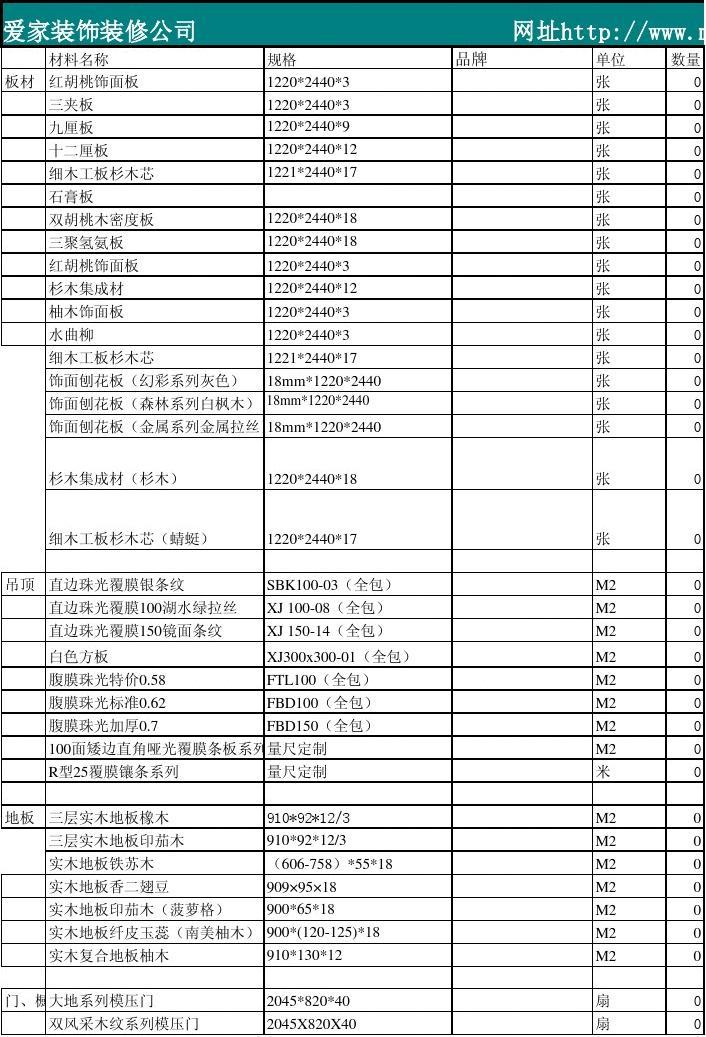 装修费用清单表格