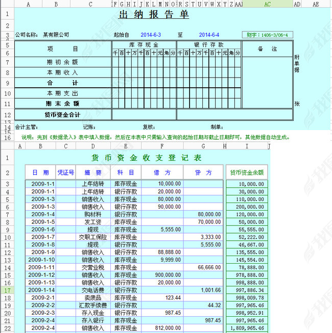 出纳报告单及资金收支登记表