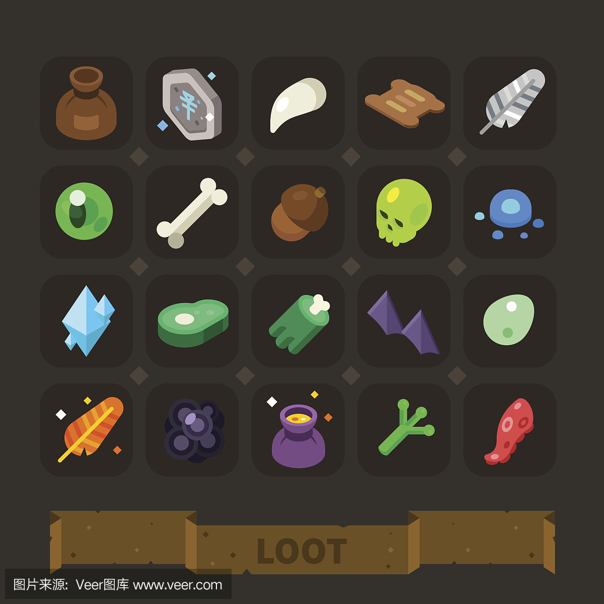 幻想游戏图标集:不同的战利品从怪物.