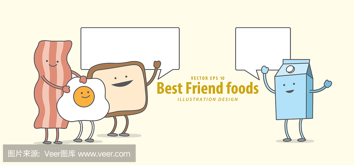 卡通人物培根,煎蛋,吐司,牛奶,(早餐)一起谈话插图矢量在淡黄色的背景