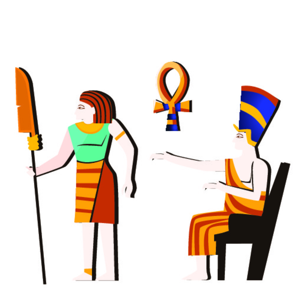 古埃及墙壁艺术或壁画元素卡通矢量与埃及文化符号法老坐在宝座和武